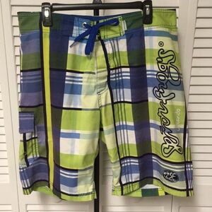 Senor Frog's, Blue and Green, Plaid Boardshorts (L)
